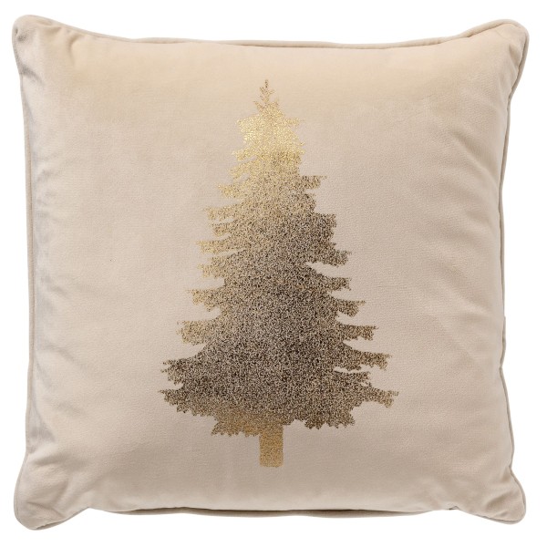 Kissen Beige Gold Weihnachten Tannenbaum 45 x 45 cm Samt Sand