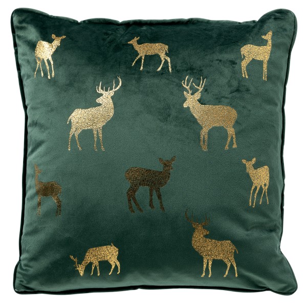 Kissen Grün Gold Hirsch Motiv Weihnachten 45 x 45 cm Samt